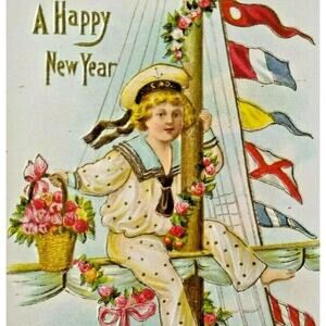 New Years Postcard Navy Sailor Boy CAD Hat Cap Embossed Flags Antique Unused